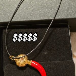 Gold-Tone Floral Pendant Necklace with Red Horn Accent